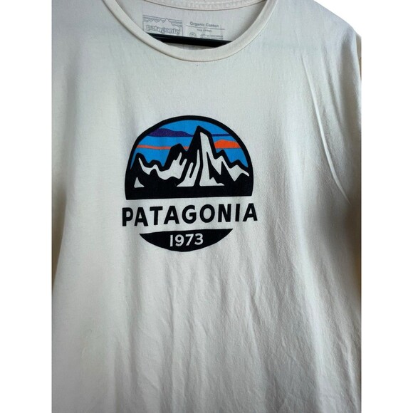 Patagonia Shirt Mens Large Slim Cream Short Sleeve Graphic Logo Organic Cotton - Picture 4 of 8